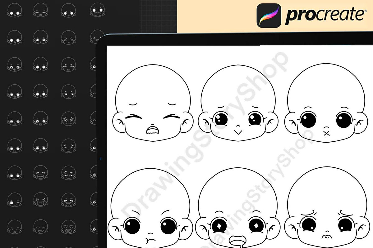 Procreate Chibi Emotion Face stamps, a Brush Add-On by DrawingStoryShop