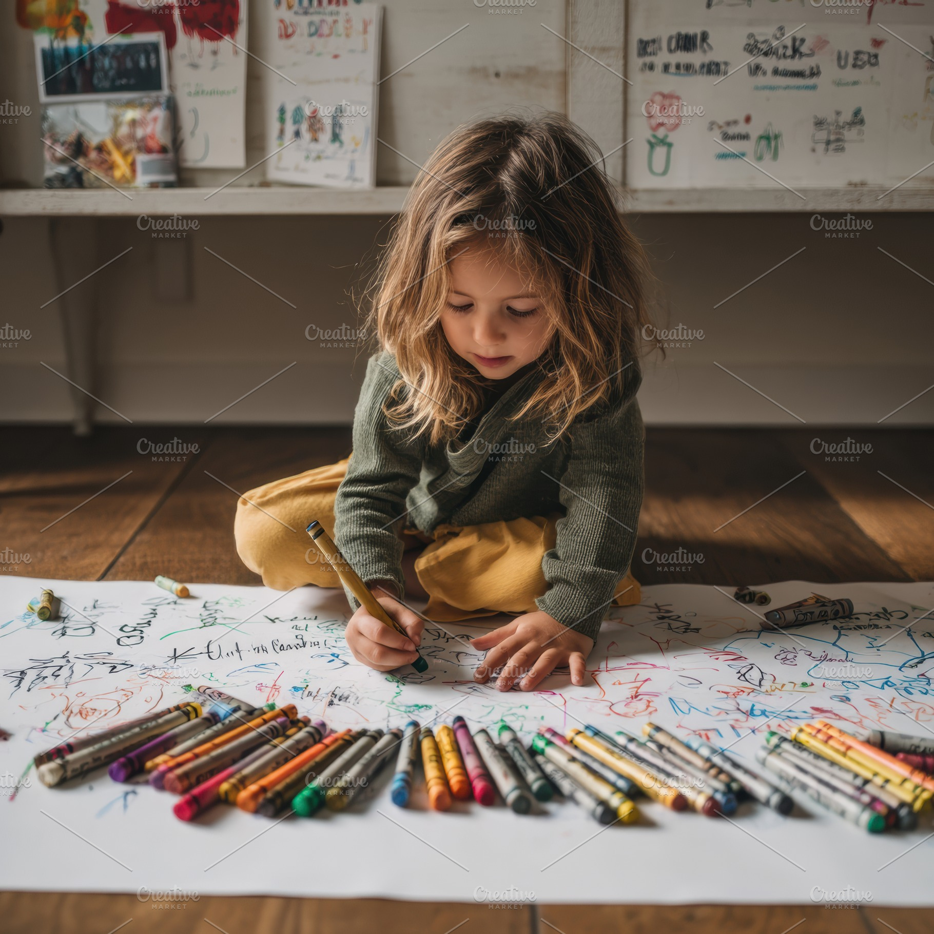Child drawing with crayons on paper, a Person Photo by Virgo Studio