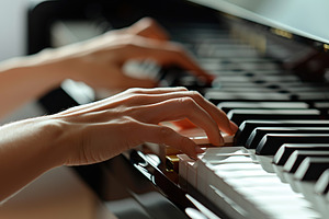 Pianist hands playing on piano keyboard, a Photo by AlyaAnd