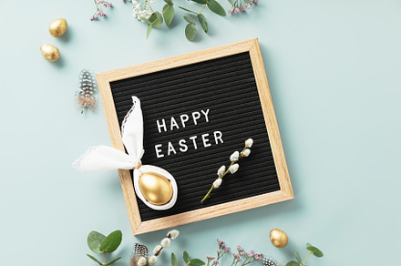 Stylish Easter flat lay with letter board, egg in easter bunny n, a Holiday Photo by Natalia Klenova's Shop