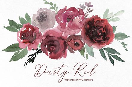 Watercolor Dusty Red Flowers, a Decorative Illustration by GraphicsDish
