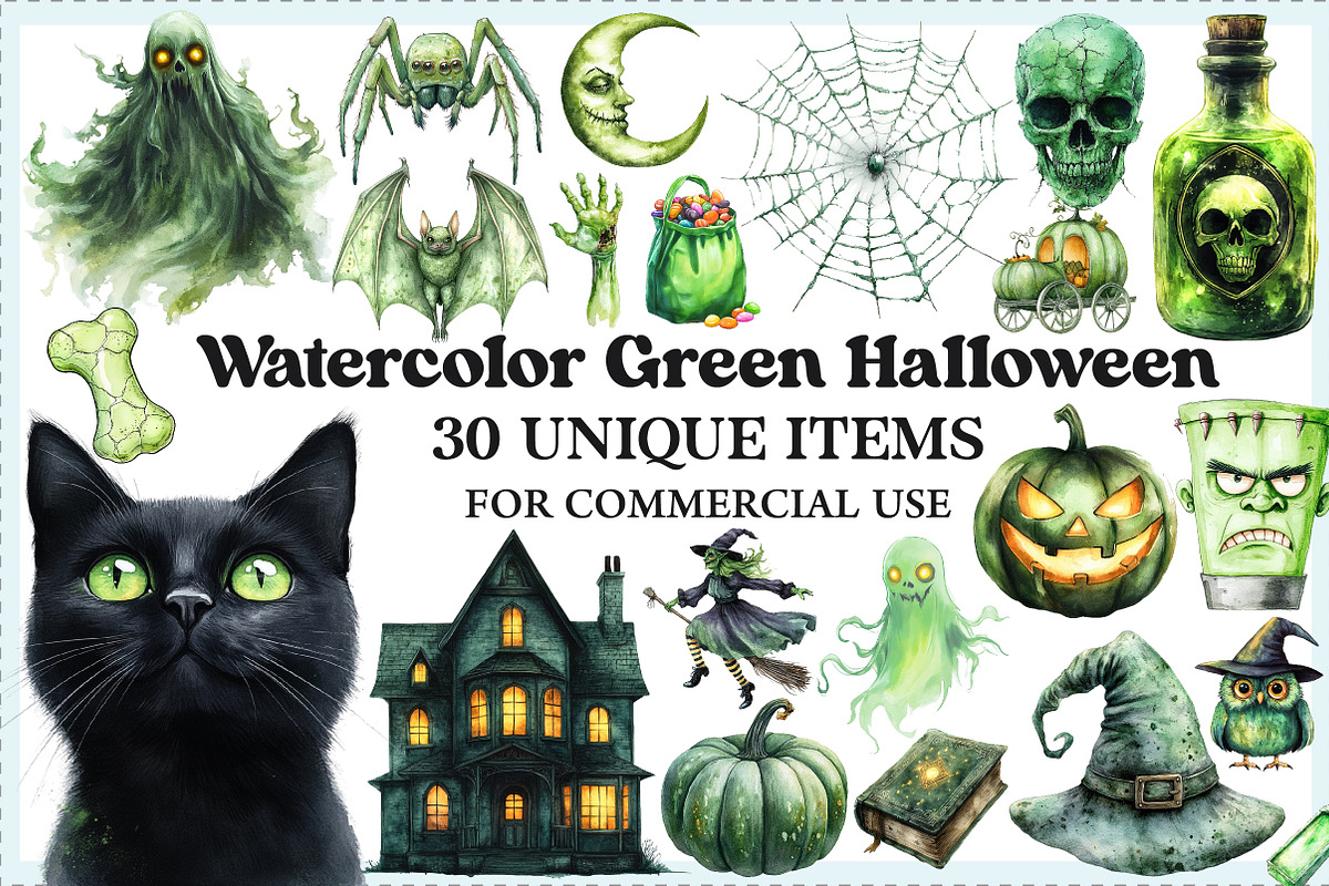 Watercolor Green Halloween Clipart, an Illustration by Craft Nest (Photo 1 of 9)