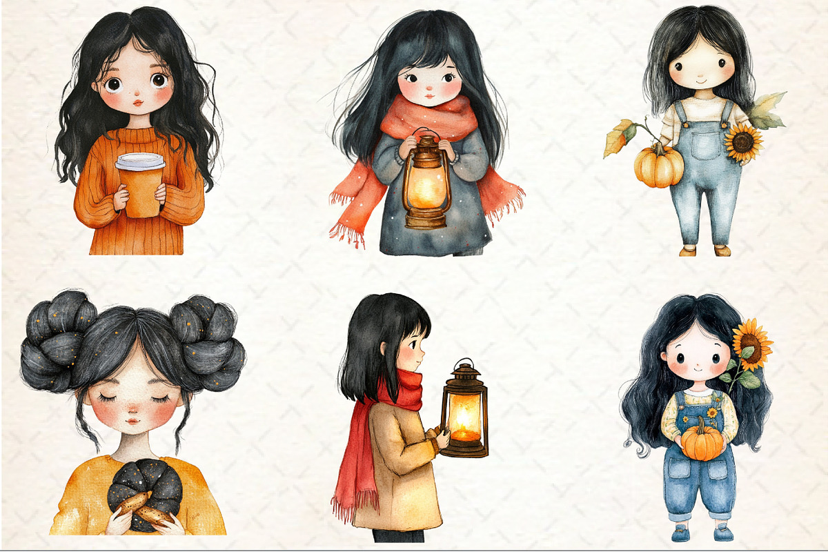 Whimsical Fall Black Hair Girl Clipa, a Seasonal Illustration by Rose Art (Photo 3 of 7)