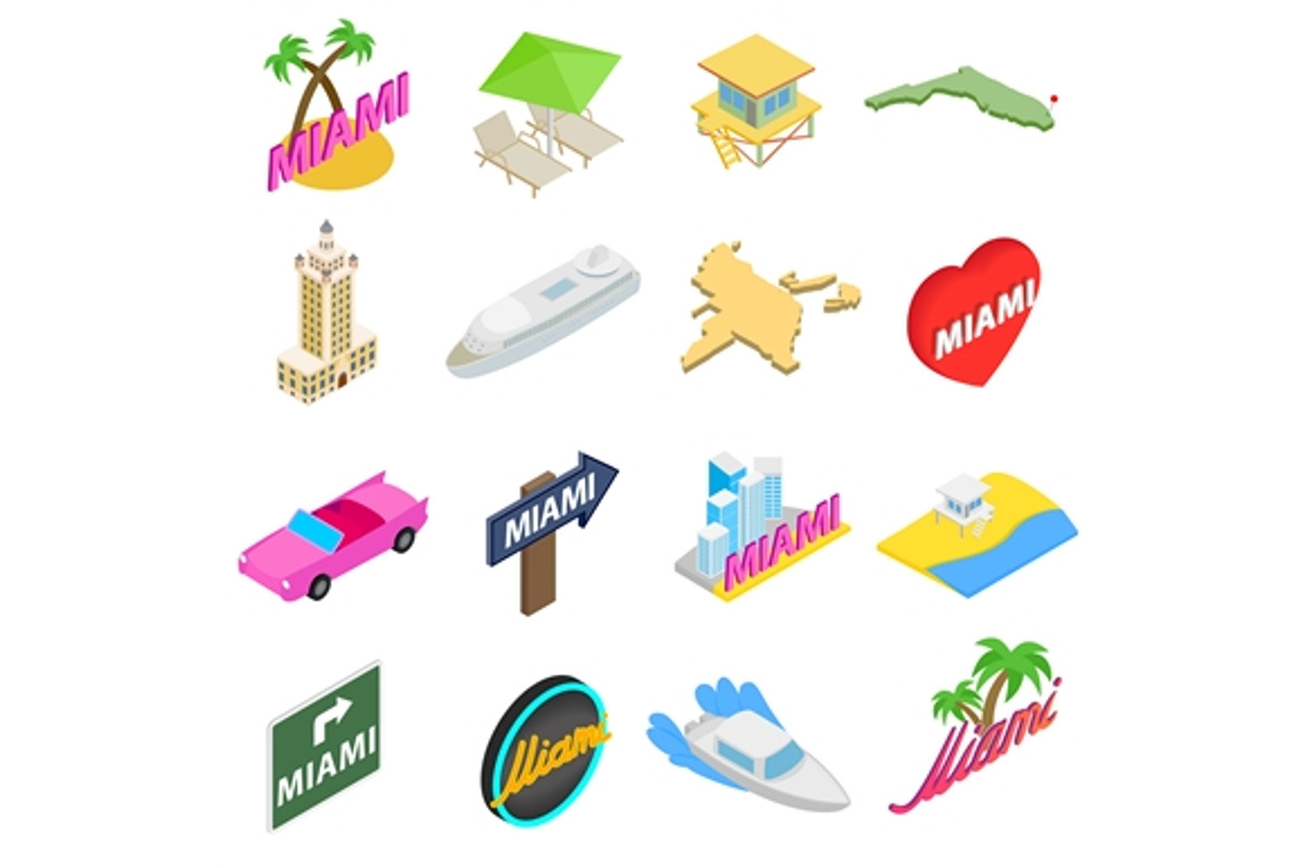 Miami icons set, isometric 3d style, an Object Graphic by Ylivdesign