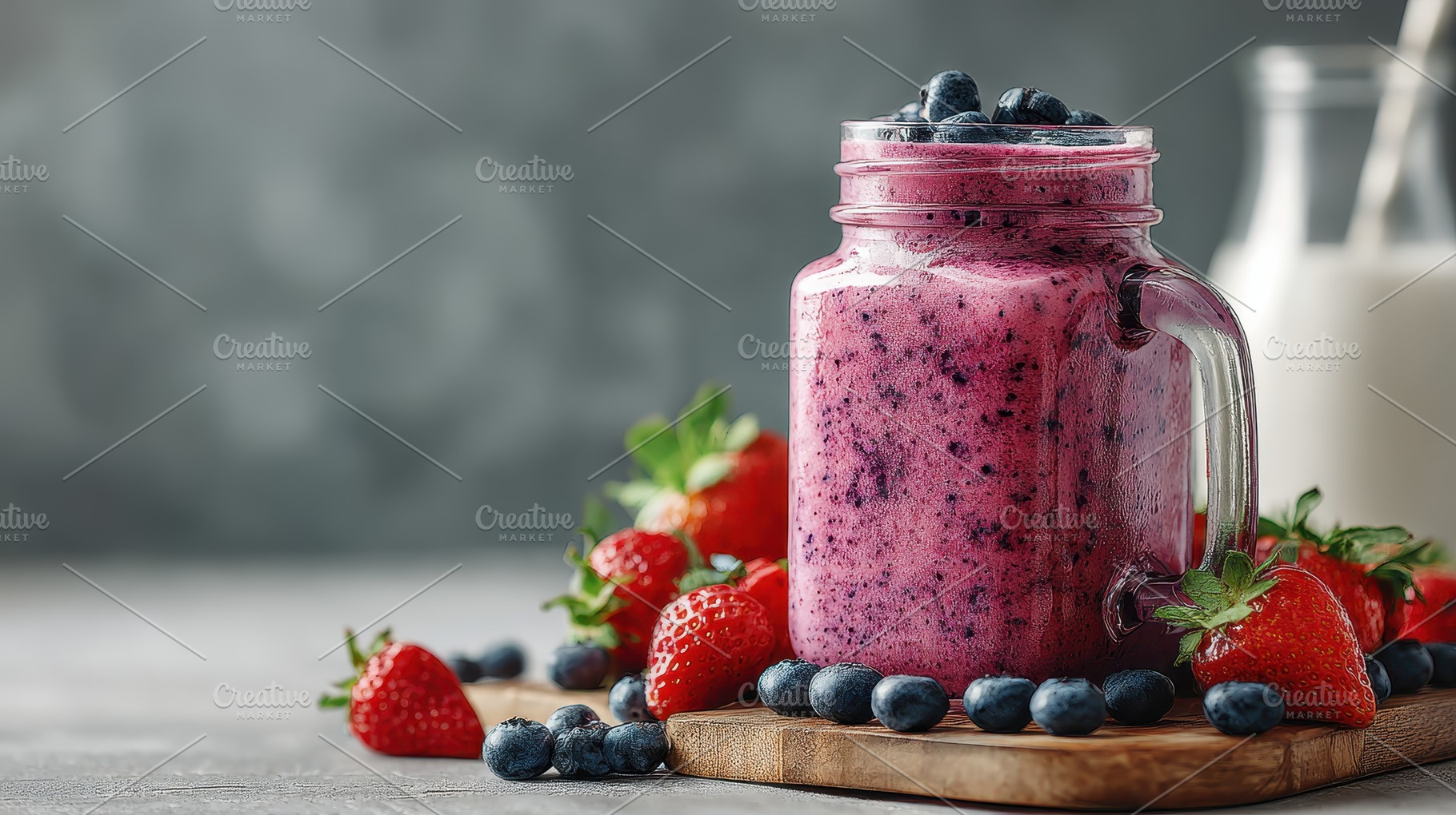 Delicious berry smoothie in mason ja, a Photo by Pixeness Studio