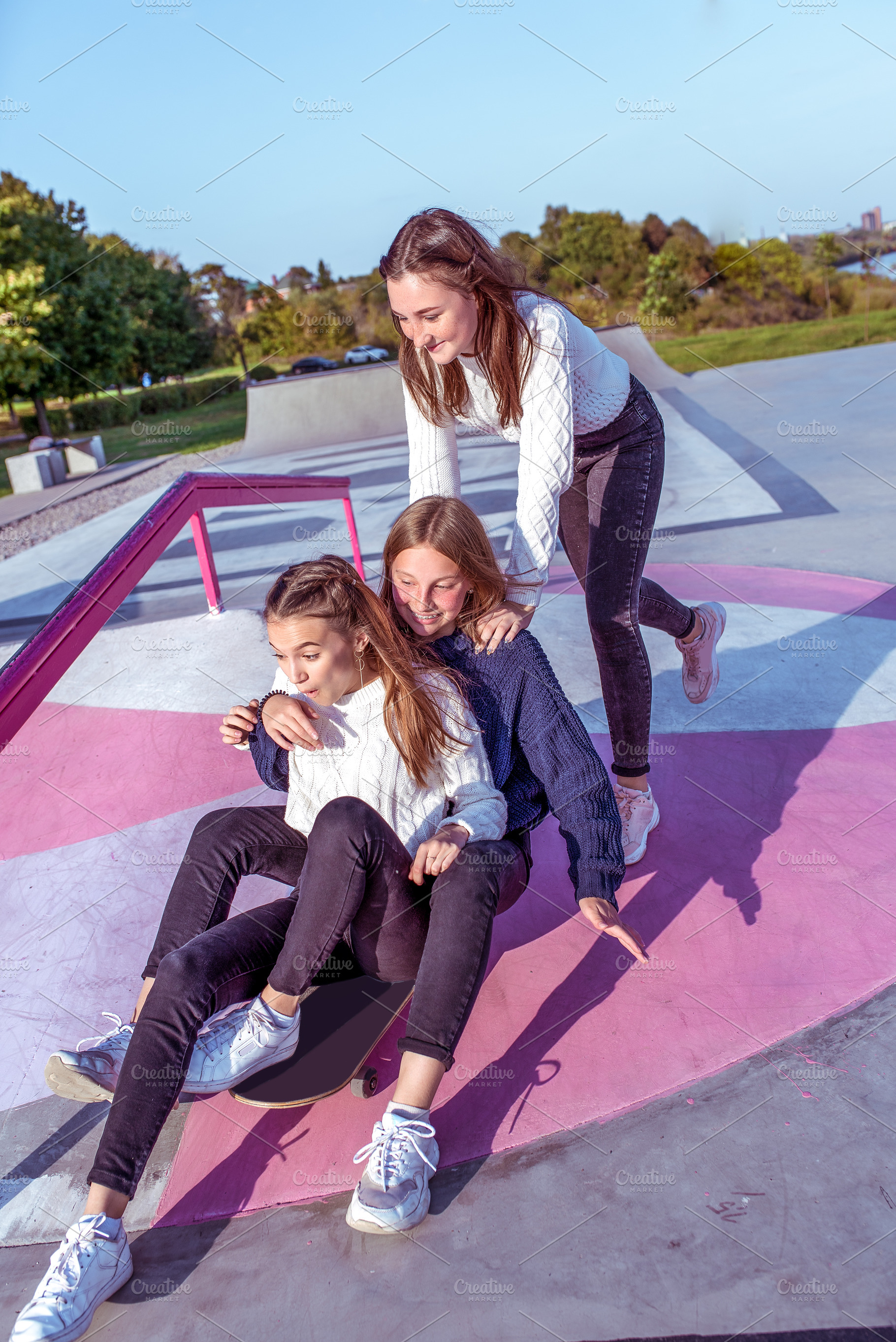 3 girls schoolgirls ride skateboard stock photo containing healthy and, a Person Photo by byswat