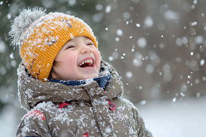 Child joyfully laughing in the snow, a Photo by Pavel_design