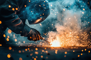 Welder creates sparks and smoke duri, a Photo by Iftikhar Alam