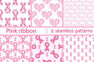Set seamless pattern pink ribbon