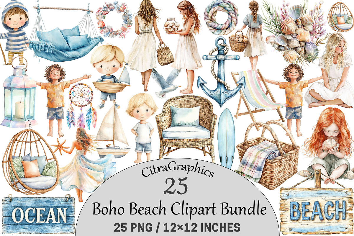 Boho Beach Clipart, an Illustration by CitraGraphics (Photo 1 of 5)