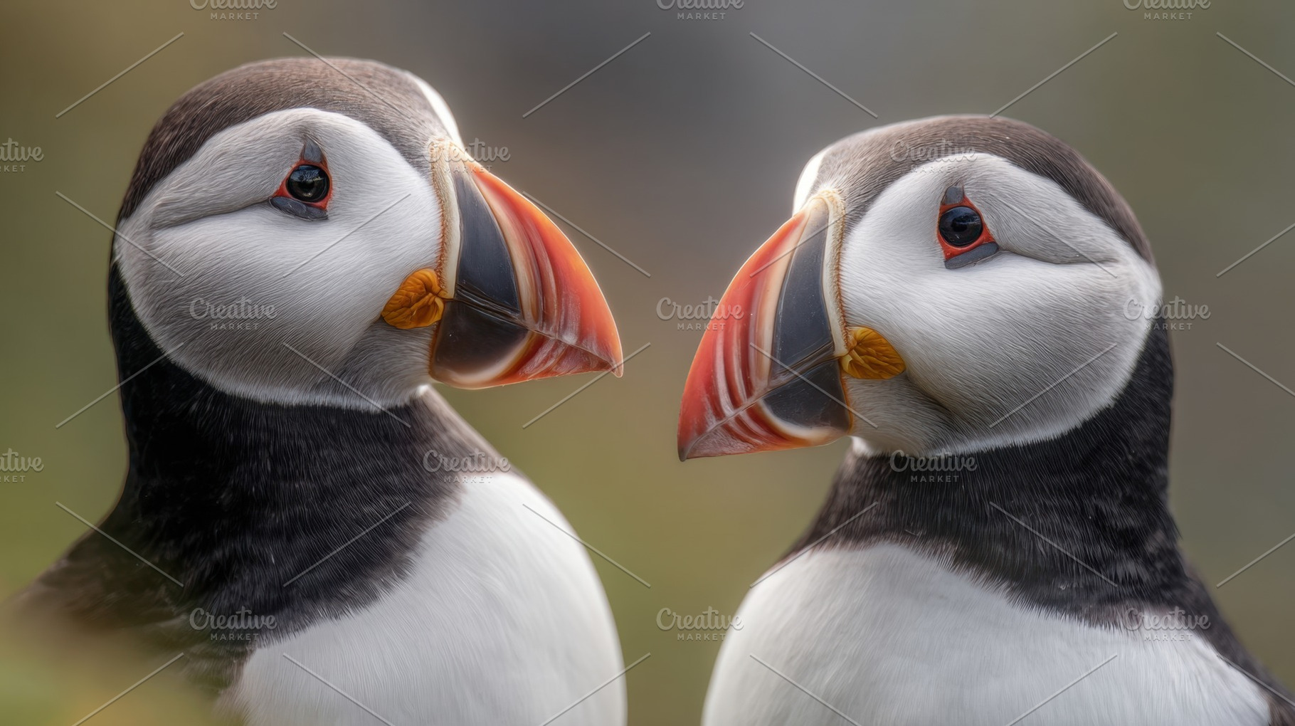Puffins face each other in nature, a Photo by Beautiful things