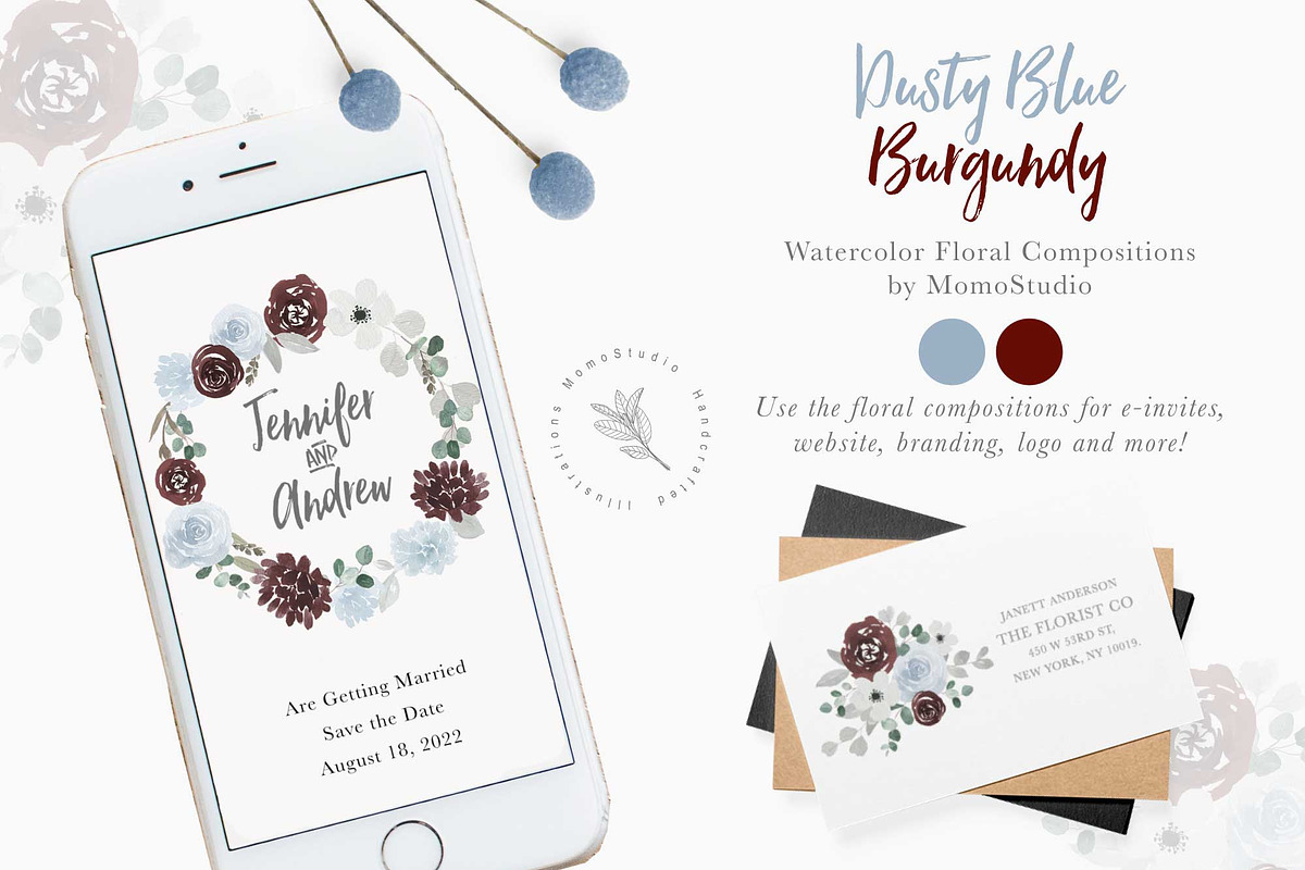 Dusty Blue and Burgundy Florals, a Work Illustration by Momo Studio (Photo 3 of 12)