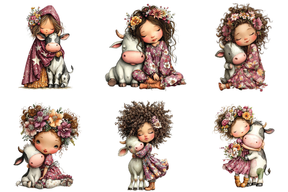 Whimsical Girl Hugging Cow Clipart, an Illustration by CraftArtStudio (Photo 3 of 6)