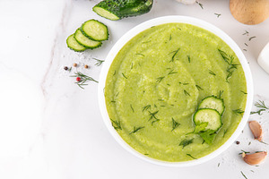 Tasty summer fresh cucumber avocado cream soup, a Food & Drink Photo by Rimma