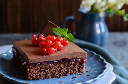 Cocoa dessert with red currant, a Food & Drink Photo by NoirChocolate
