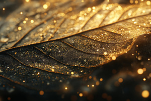 Glowing Golden Veins on Dark Leaf with Water Droplets, an Abstract Photo by Natalia Klenova's Shop