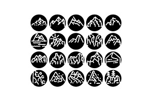 Mountain peaks line art icons set, an Object Graphic by pikepicture