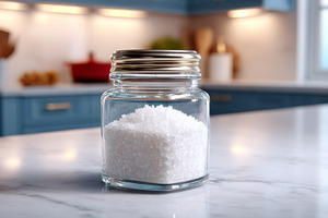 A clear glass jar filled with coarse salt, set against a modern kitchen backdro, a Business Photo by ImageMir