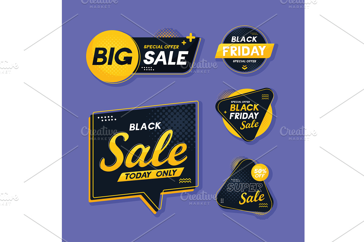 five black friday labels, a Finance Illustration by studiogstock