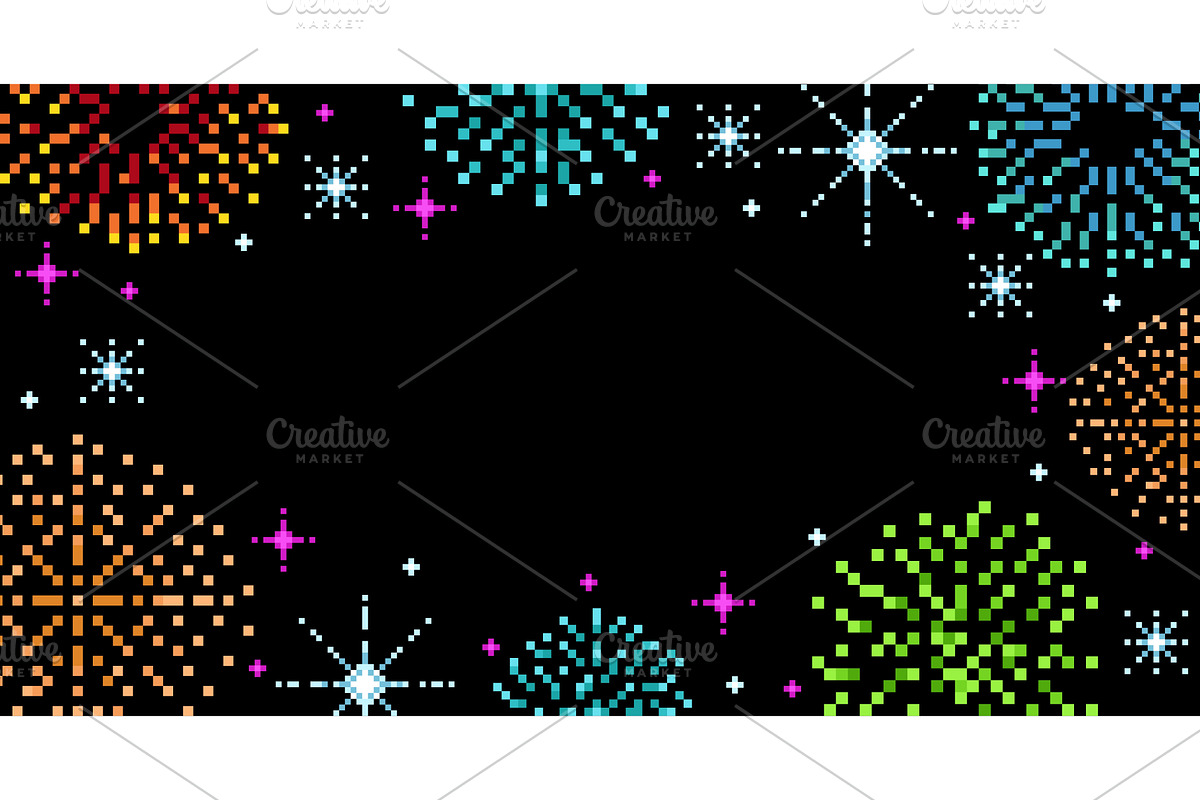Pixel firework frame. Retro video, an Illustration by YummyBuum