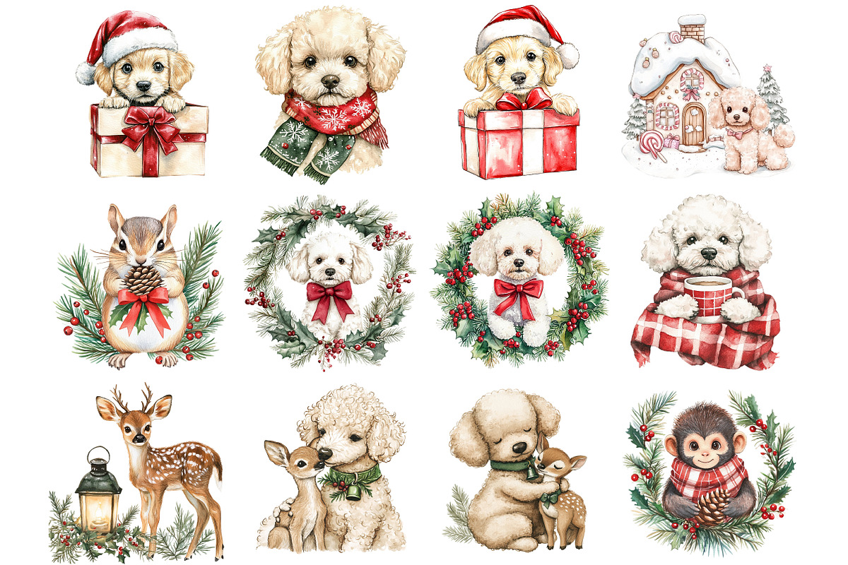 Christmas Poodle Watercolor Clipart, a Seasonal Illustration by CitraGraphics (Photo 2 of 5)