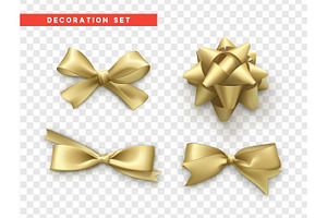 Bows gold realistic design. Isolated gift bows with ribbons