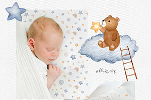 Sleeping Dreamy Baby Bear Watercolor