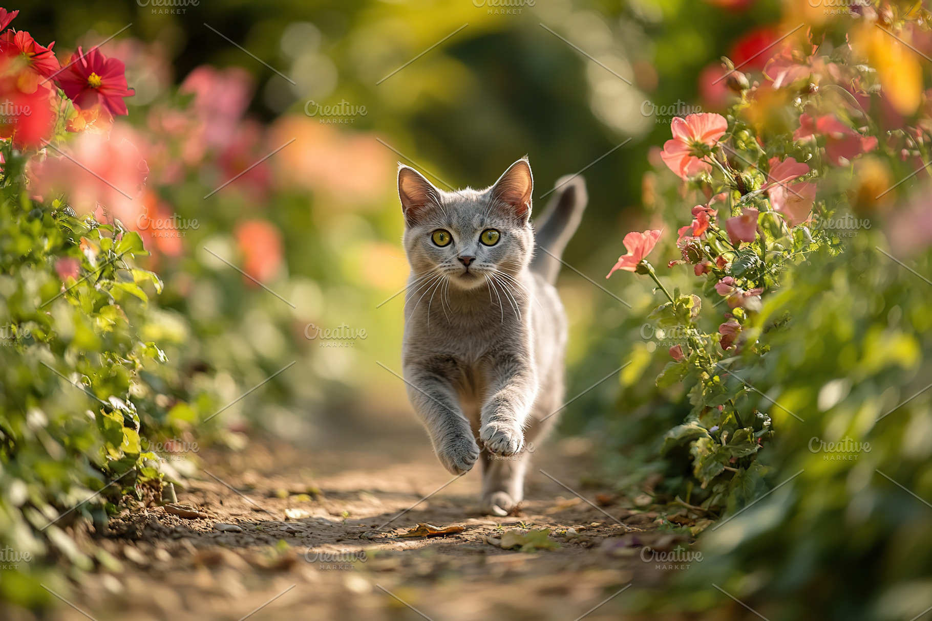 Cute cat running between the flower rows in the park, an Animal Photo by AlyaAnd
