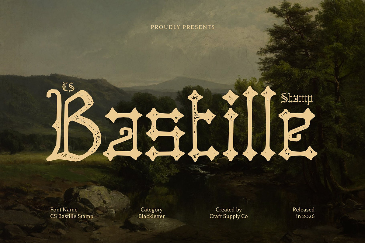 CS Bastille Stamp, a Blackletter Font by Craft Supply Co. (Photo 1 of 8)