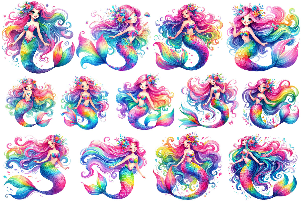 Watercolor Cute Mermaid Clipart, an Illustration by CitraGraphics (Photo 6 of 6)