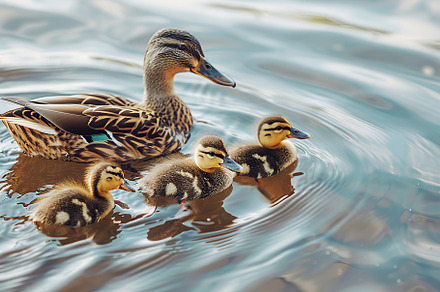 Duck and ducklings swimming into the pond, an Animal Photo by AlyaAnd