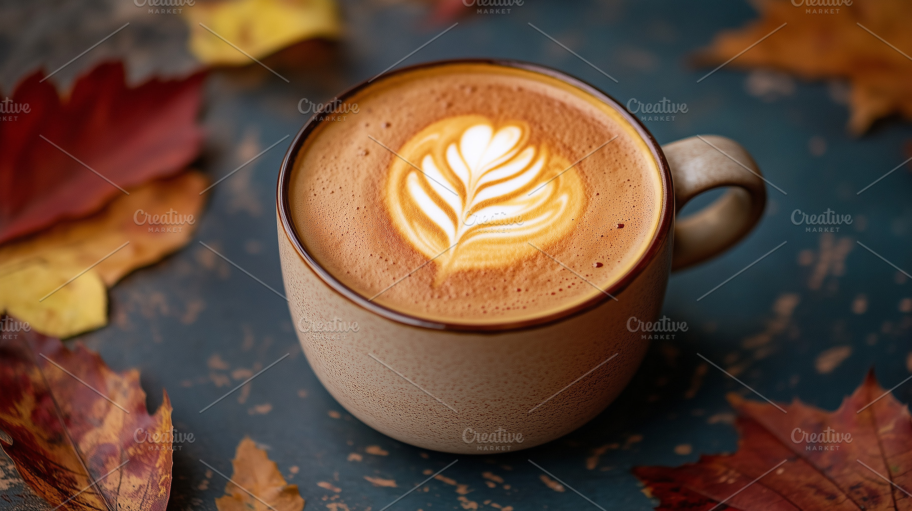 Cup of cappuccino with autumn leaves, a Food & Drink Photo by MistyDay