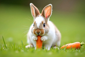 Baby Bunny Eating Carrot On Green Gr, a Photo by LOGOCREATIVE