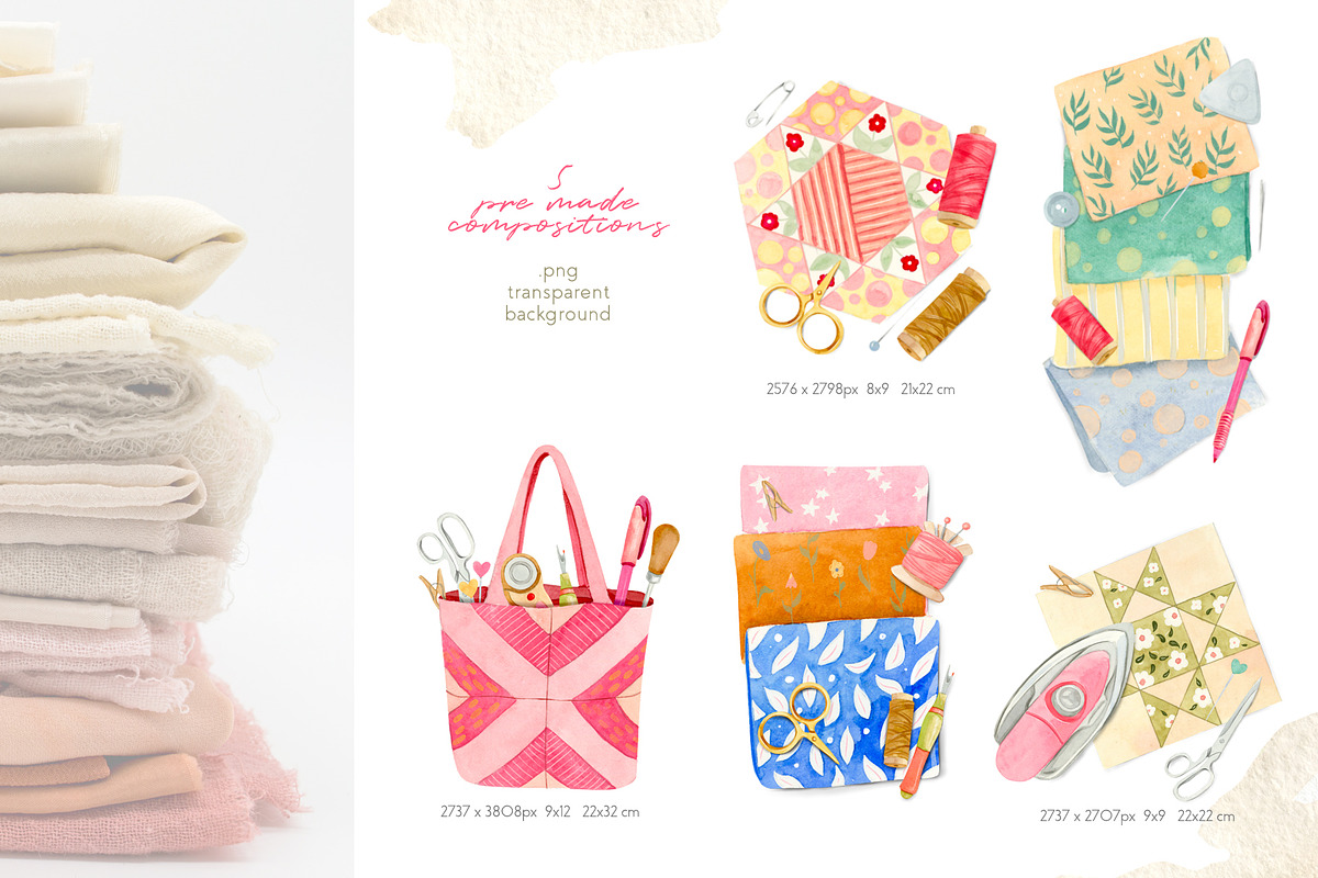 Quilting and Patchwork Illustrations, image size:1200x800