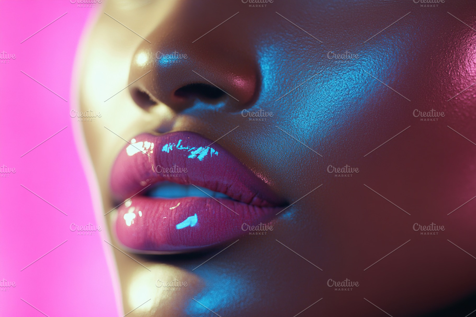 Close-up of soft, glossy lips illuminated by colorful lighting against a vibran, a Beauty & Fashion Photo by AlyaAnd