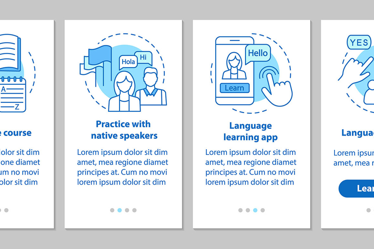 Language learning mobile app pages, a Templates & Theme by IMG Visuals