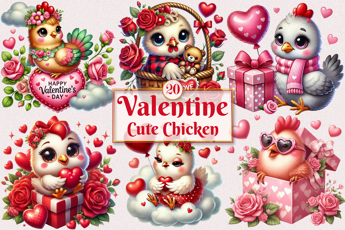Valentine Cute Chicken Clipart, a Seasonal Illustration by Craft Nest (Photo 1 of 5)