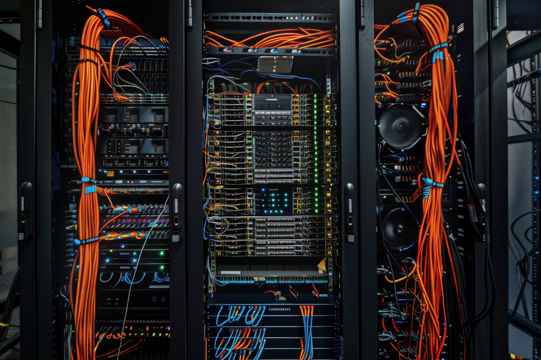 Data center rack filled with networking equipment and colorful cables ...