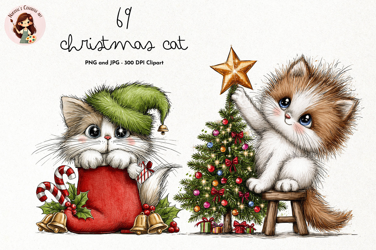 Whimsical Christmas Cats Clipart, a Seasonal Illustration by Nicolle's Colorful Art (Photo 1 of 6)