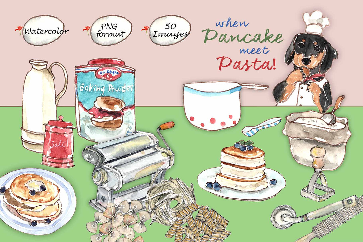 Pasta & Pancake-Watercolor Clipart, an Illustration by VianneArt (Photo 1 of 4)