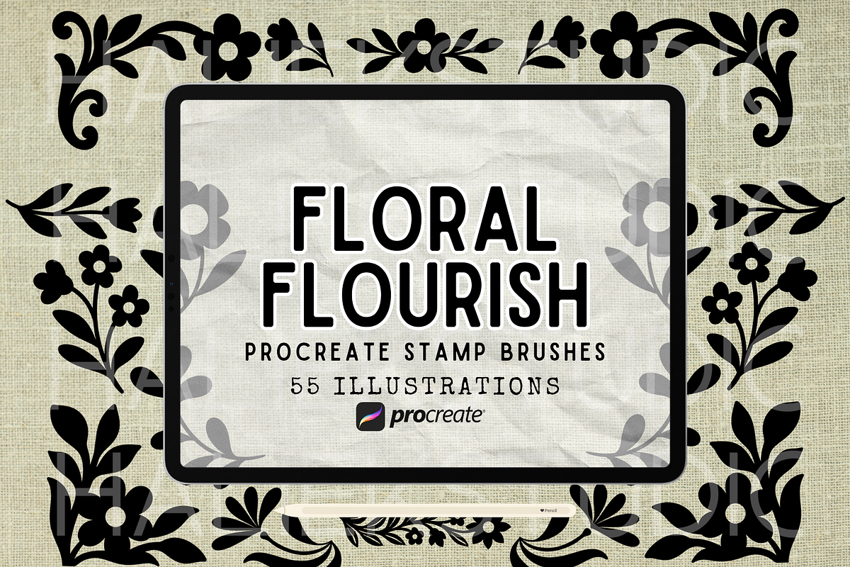 55 Floral Flourishes Procreate Stamp, a Brush Add-On by HalieKStudio (Photo 1 of 9)