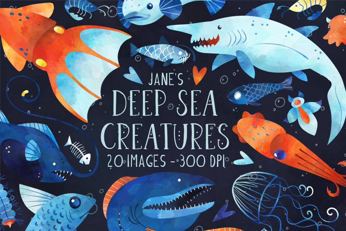 Watercolor Deep Sea Creature Clipart, an Animal Illustration by DigitalArtsi (Photo 1 of 3)