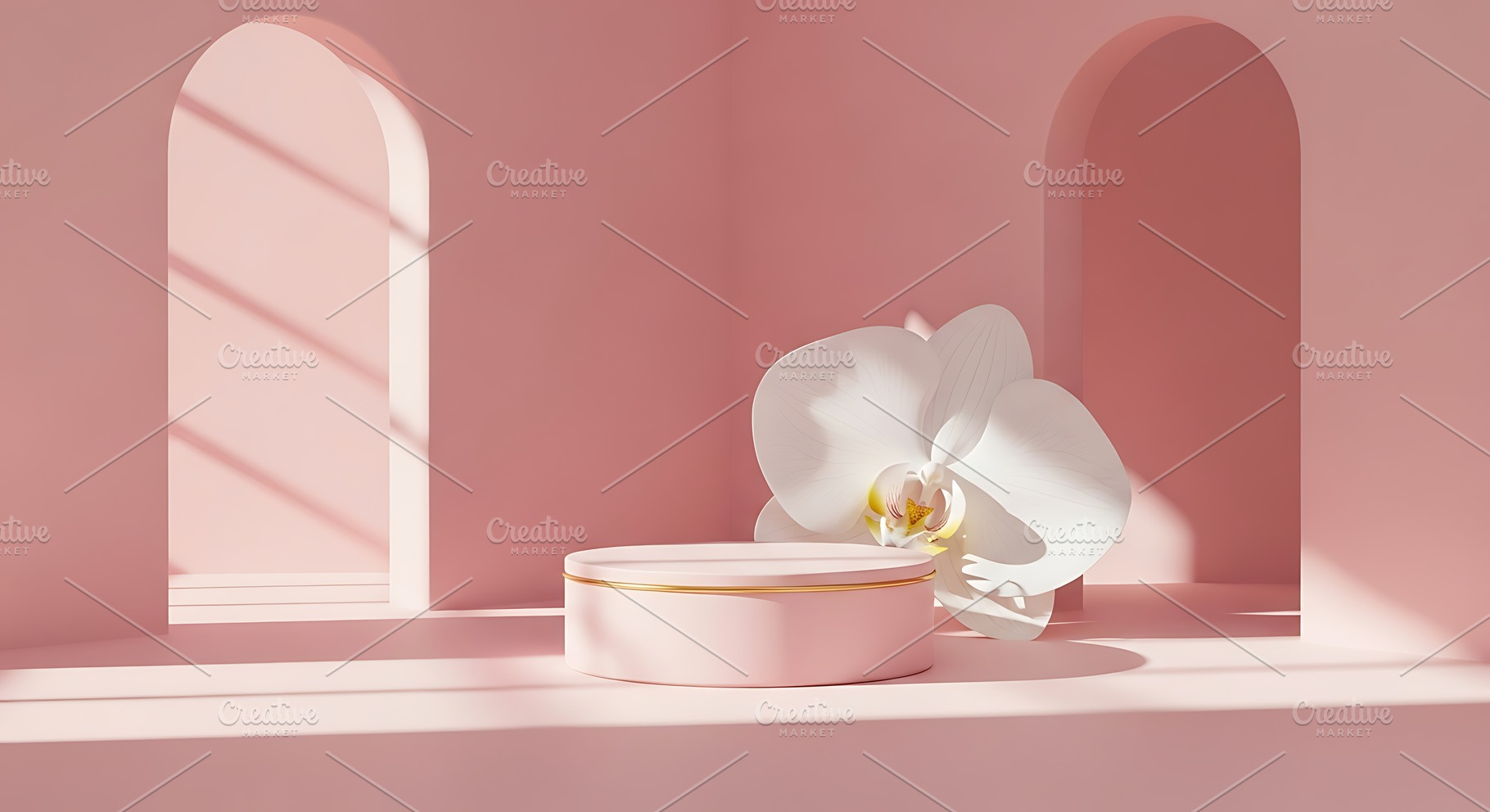 Minimalist Pink Podium White Orchid, a Background Photo by Artonix