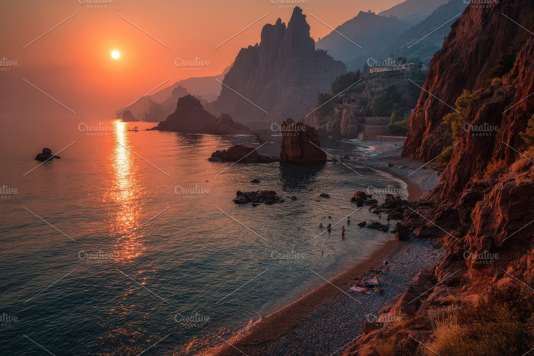 Sunset over rocky coast beach swimme, a Photo by Pixeness Studio