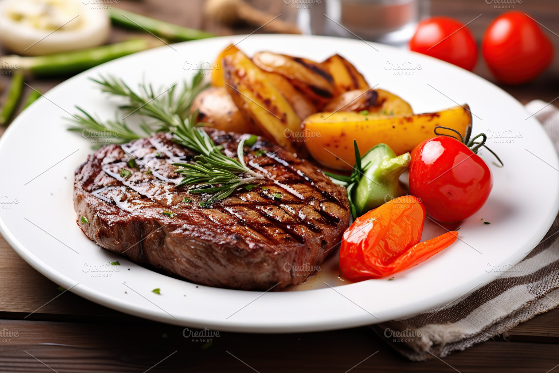 Grilled meat steak with fried potatoes and rosemary in plate on wooden backgrou, a Food & Drink Photo by AlyaAnd