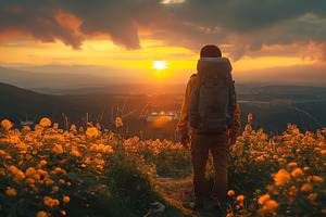 A solo male hiker watches a stunning sunset, surrounded by vibrant yellow flowe, a Person Photo by ImageMir