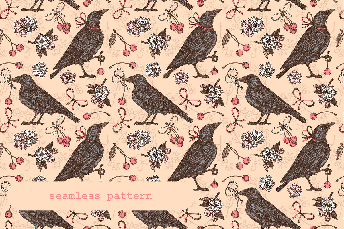 Cherry Crows. Seamless patterns, a Pattern Graphic by Kseniakrop (Photo 3 of 6)