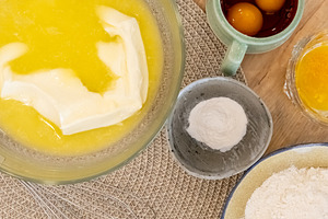Baking ingredients home recipe bowls background, a Food & Drink Photo by Photo Drive Studio