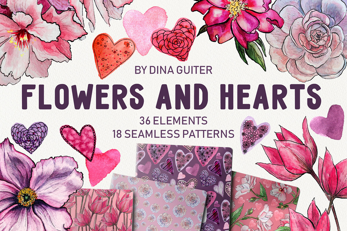 Hearts & Flowers Valentine clipart, a Pattern Graphic by Dina Guiter (Photo 1 of 13)