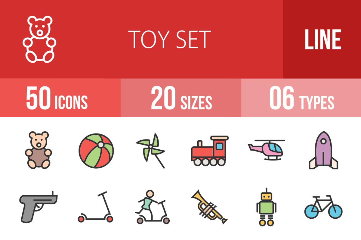 50 Toy Set Line Filled Icons